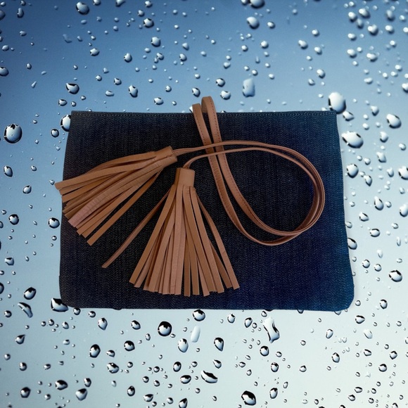 Designer Denim Leather Tassel Clutch Bag - Picture 3 of 6